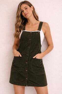 Tommy Jeans Dark Green Corduroy Button-Front Mini Overall Dress
